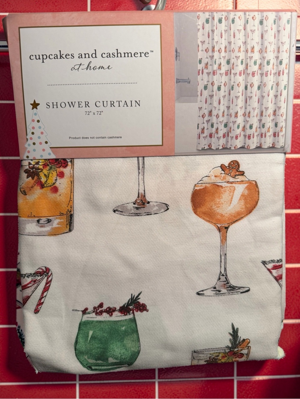Cupcakes and Cashmere NWT White Fabric Holiday Cocktail Shower Curtain 72” x 72”